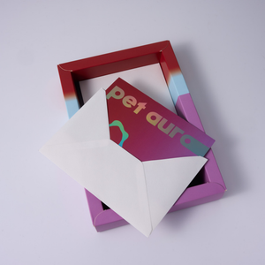 A colorful pet aura reading box with a white envelope and a card reading 'pet aura' on a light gray background.