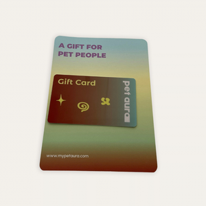A pet gift card set on a light background. The main card has a blue-to-green gradient with purple text reading 'A GIFT FOR PET PEOPLE' and shows a smaller front-facing gift card layered over it.