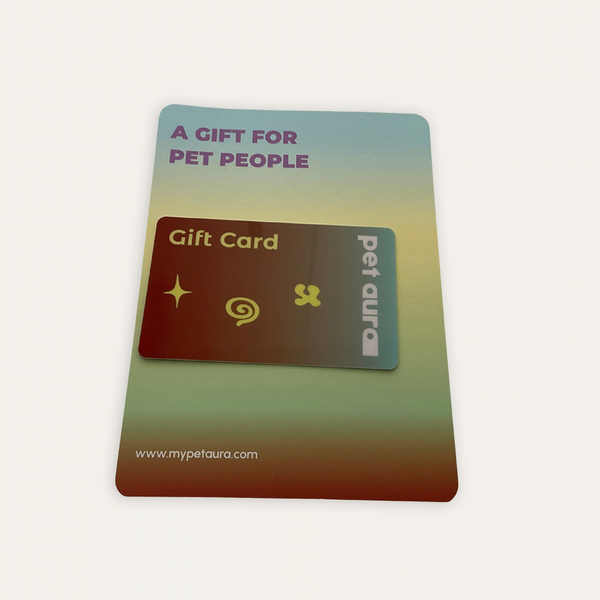 A pet gift card set on a light background. The main card has a blue-to-green gradient with purple text reading 'A GIFT FOR PET PEOPLE' and shows a smaller front-facing gift card layered over it.