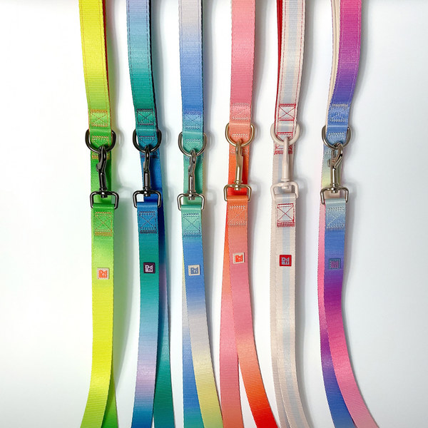 Six dog leashes in different gradient colorways are lined up vertically against a clean white background. The leashes feature a repeating pattern of a square logo with a stylized 'MPA' inside, and metal hardware including silver and gold-tone clips.