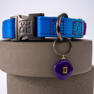 A blue dog collar with dark red stitching, a dark metal buckle, and a key ring holding a purple stone charm with a gold accent, displayed on a gray cylindrical pedestal.