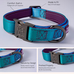 A pet collar shown in three close-up panels with callout text. The collar has a teal and blue woven exterior, a purple padded interior, a dark metal D-ring, and a dark metal buckle with embossed branding.