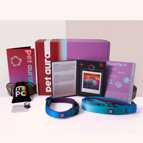 A pet collection displayed on a white background, including a red and purple Pet Aura box, a pink and purple, a black drawstring pouch, a small charm, a booklet, and a blue-and-green dog collars and lead.