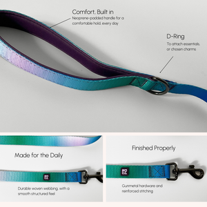 A product infographic showing a dog leash with text callouts. The top panel shows a close-up of the handle with text reading 'Comfort, Built in' and 'D-Ring.