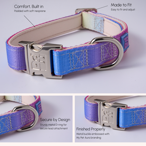 A pet collar shown in a three-panel composite with feature callouts. The collar has a pastel multicolor patterned webbing with blue, purple, pink, and pale yellow tones, a silver metal buckle, and a silver D-ring.