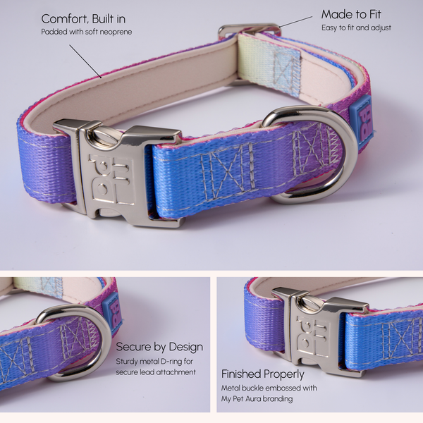 A pet collar shown in a three-panel composite with feature callouts. The collar has a pastel multicolor patterned webbing with blue, purple, pink, and pale yellow tones, a silver metal buckle, and a silver D-ring.