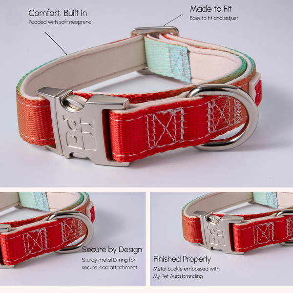 A dog collar shown in three close-up views with callout text describing features: comfort built in with padded neoprene, made to fit and easy to adjust, secure by design with a sturdy metal D-ring, and finished properly with My Pet Aura branding. The collar has a red woven outer strap, pale mint inner lining, and a silver metal buckle and D-ring.