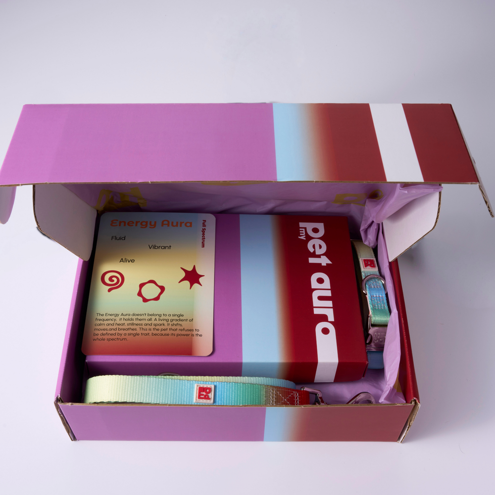 A pet collection displayed on a white background, including a red and purple Pet Aura box, a black drawstring pouch, a small charm, a booklet, and rainbow dog collars and lead.