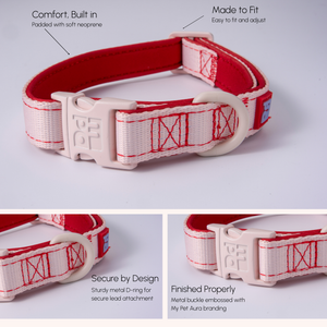 A red and white padded neoprene pet collar with a white metal buckle, shown on a light gray background with three detail panels and text callouts describing comfort, fit, security, and finish.