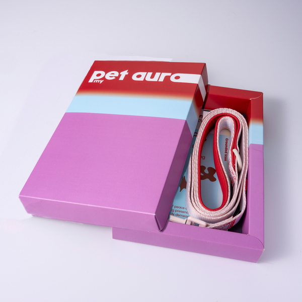 A pink and red 'pet aura' branded gift box shown open on a white background, revealing a white and red pet lead and a blue card insert.
