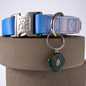 A blue and white woven dog collar with a silver metal buckle and D-ring, featuring a dark green stone charm with a gold accent, displayed on a textured gray cylindrical stand.