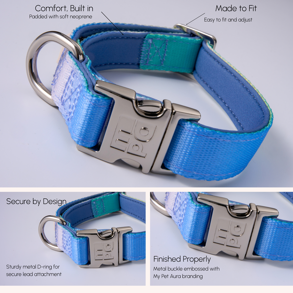 Blue and teal neoprene dog collar with a silver metal buckle and D-ring, shown with feature callout text on a light gray background.