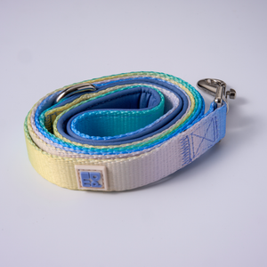 A coiled woven dog leash with a multicolor gradient of pastel yellow, green, blue, and white, featuring a silver metal clasp and a small square brand tag.