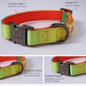 A pet collar shown on a light gray background with three inset detail panels and callout text. The collar has a bright lime green woven exterior, a vivid orange-red inner lining, and a dark gray metal buckle and D-ring.