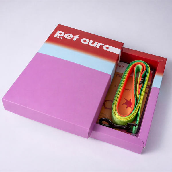 A pet accessory set in a purple and red box, featuring a green and yellow lead with a metal clasp and a red-and-white 'pet aura' box lid.