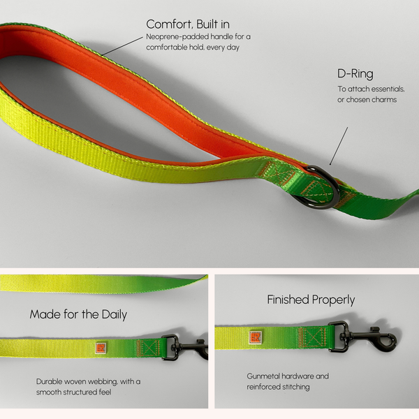 A dog leash strap shown on a light gray background with callout labels and three feature panels. The leash has a bright neon yellow-green woven strap, a bright orange inner lining, and a black metal D-ring and clasp hardware.