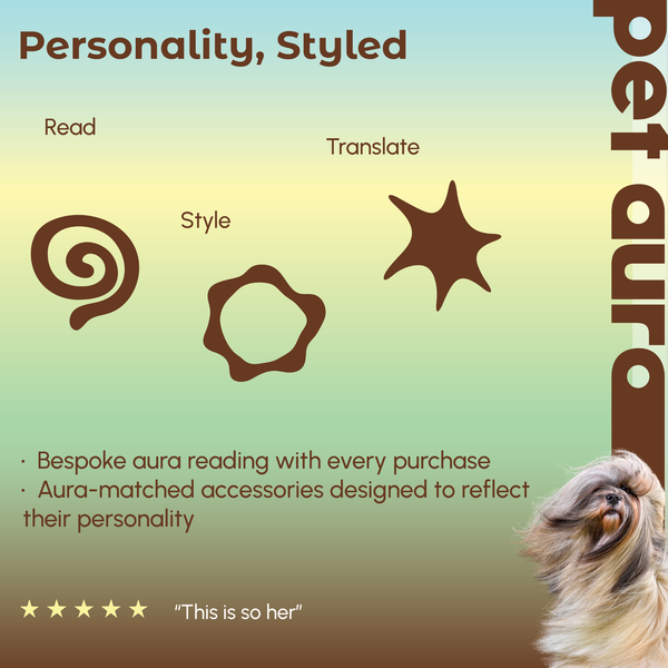 A stylized promotional graphic for pet accessories with the text 'Personality, Styled' and 'pet aura' on a soft gradient background. It shows three brown abstract aura-like shapes labeled 'Read', 'Style', and 'Translate', plus marketing copy about bespoke aura reading and aura-matched accessories.